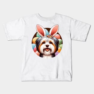 Biewer Terrier Enjoys Easter with Bunny Ear Headband Kids T-Shirt